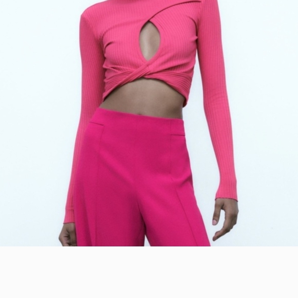 Zara Hot Pink Ribbed Long-Sleeve Twist Crop Top